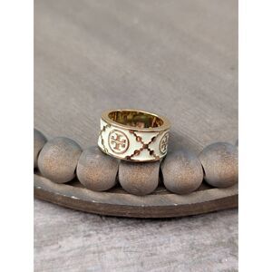 TORY BURCH Icon Monogram Ring Gold on White Size 7
